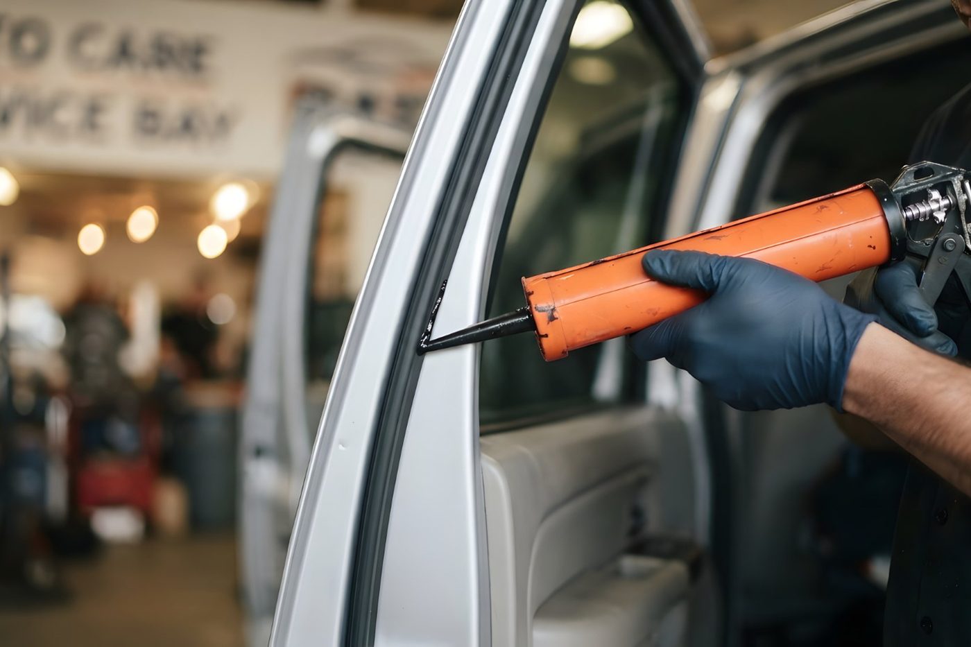 Application du mastic sur l'encadrement d'une vitre